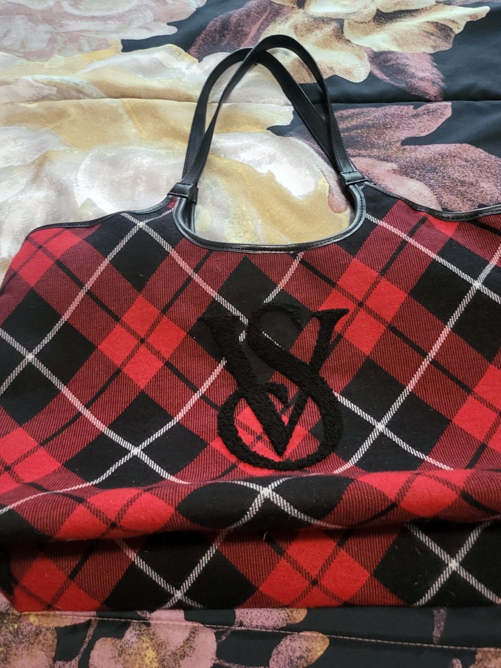 Victoria's Secret Red and Black Plaid Tote with Black Monogram